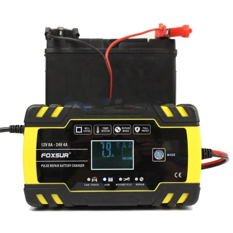 Motorcycle car battery charger with digital screen display showing 12V 24V outputs