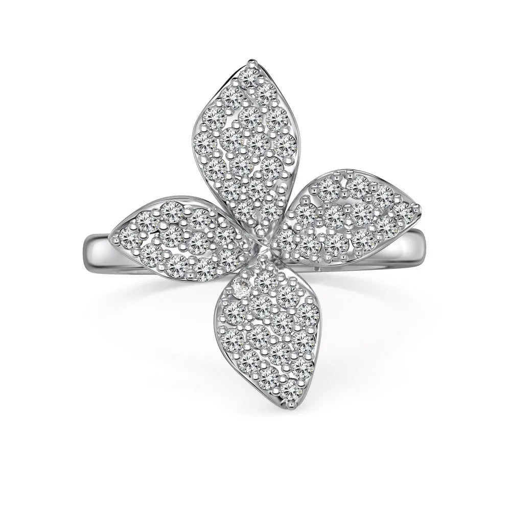 925 silver jewellery suite with white round zirconium flower design open ring, clavicle chain necklace, and ear studs in gold