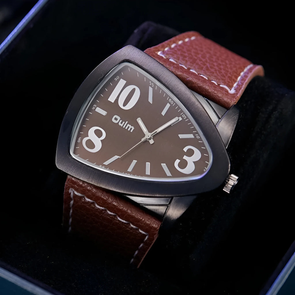 Men's casual triangle pattern leather strap quartz watch with 9mm slim profile
