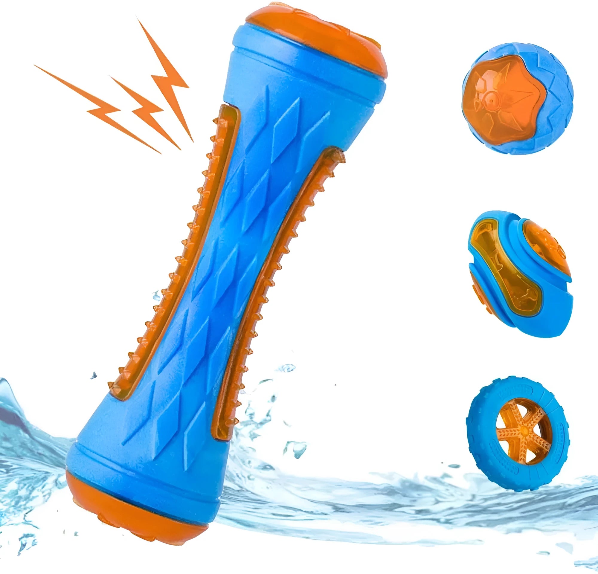 Set of three TPR dog toys: a squeaky ball, barbell, and tyre for floating fetch play.