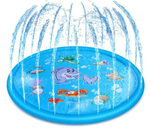 Blue PVC children's water spray mat with marine animal prints, measuring 100cm by 170cm