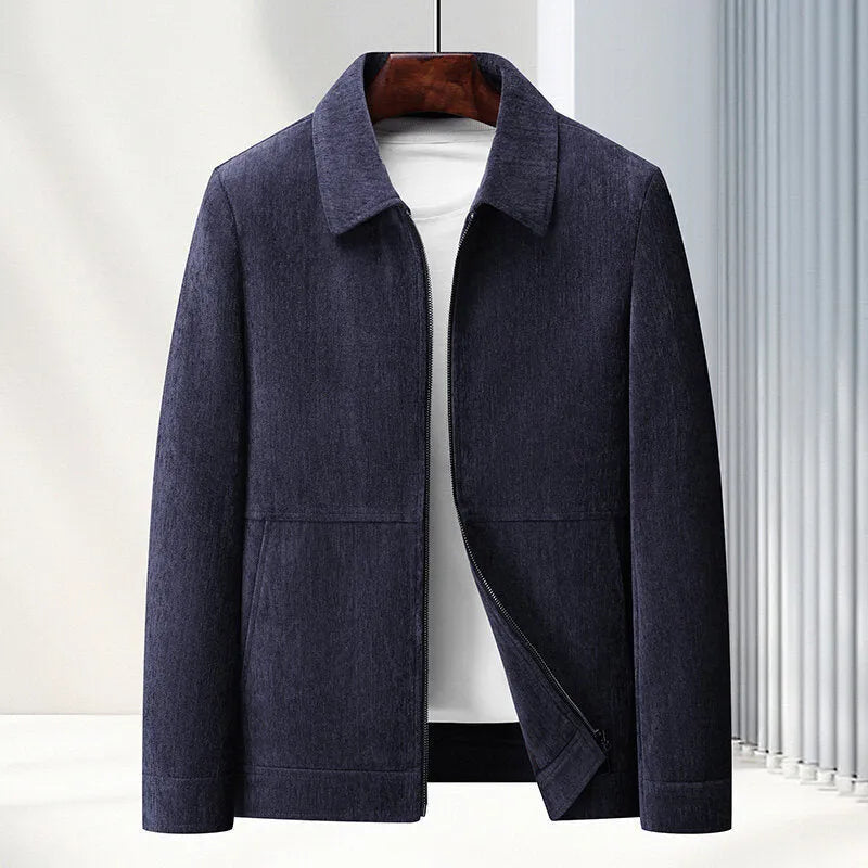 Men's slim fit lapel casual jacket in Vinylon fabric, shown in black, brown, caramel, or dark blue.