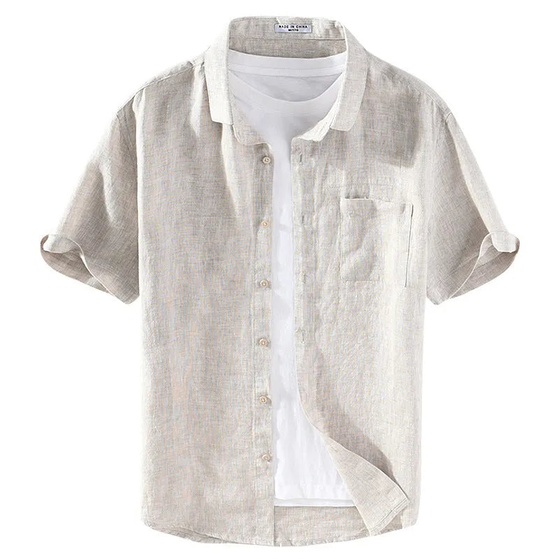Men's raw jute linen short sleeve shirt with square collar on hanger