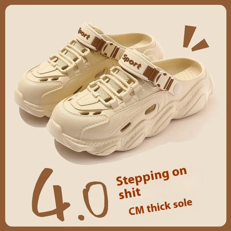 Men's khaki outdoor summer slippers with breathable hollow-out design and non-slip EVA sole