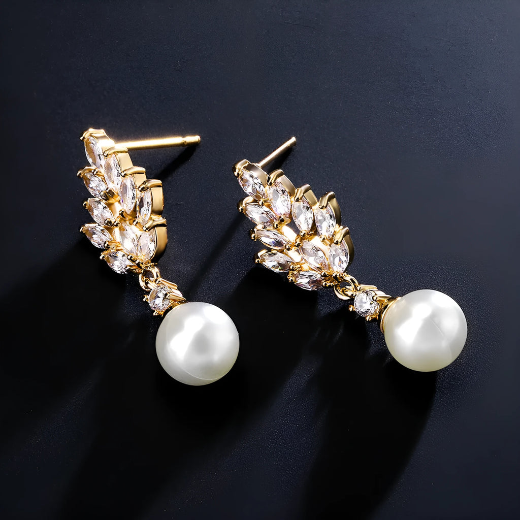 Geometric flower design women's earrings with pearl and micro-inlaid zircon stones in gold plating