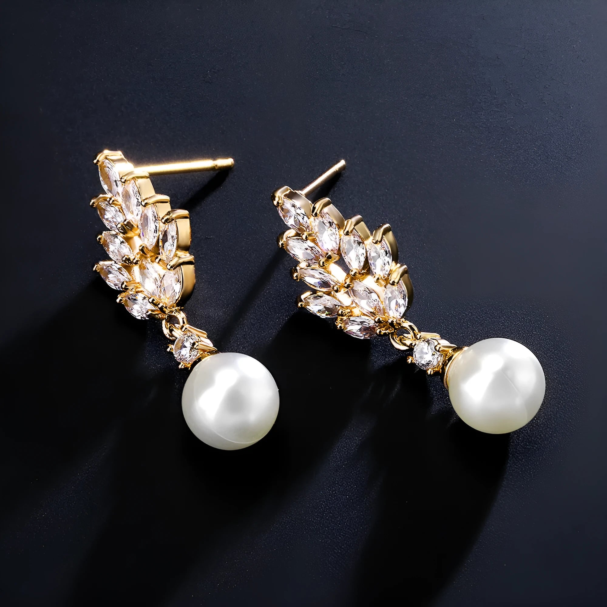 Geometric flower design women's earrings with pearl and micro-inlaid zircon stones in gold plating