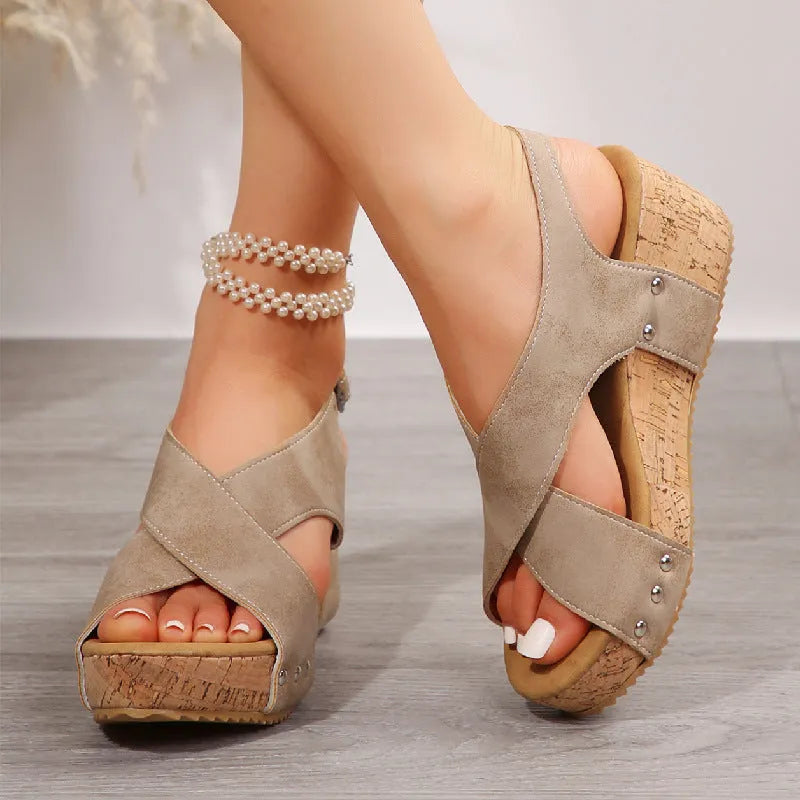 Women's rivet wedge sandals with thick bottom and fish mouth toe in beige colour
