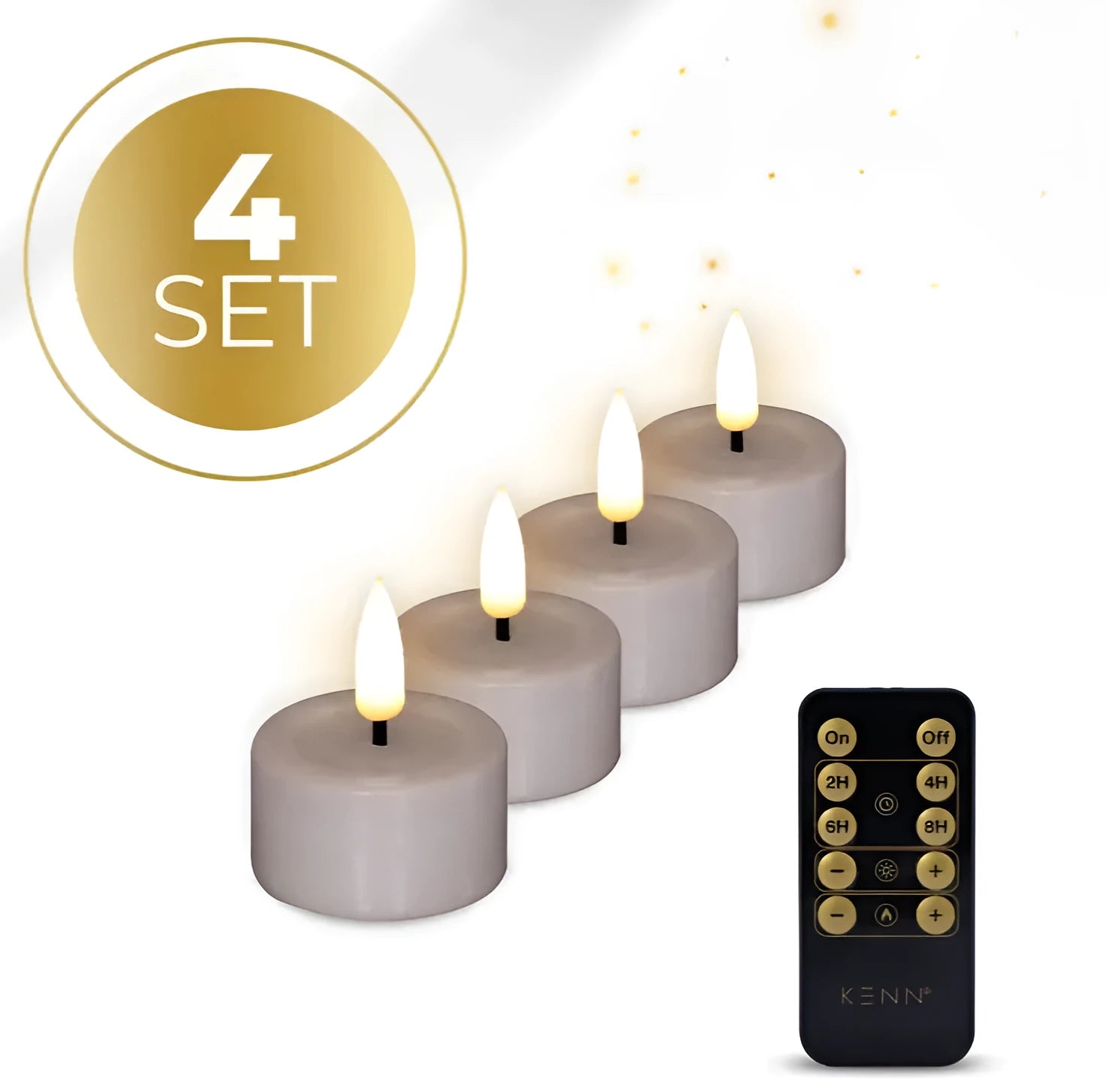 Four taupe-coloured LED tealight candles showing size next to a standard holder.
