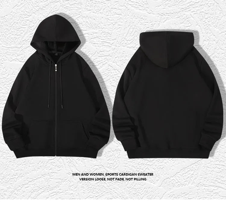 Plus size man wearing a beige zipper hooded cardigan sweater in a loose fit.