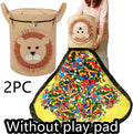 Green felt cube storage bag with pull rope, shown as a toy organiser and play mat.