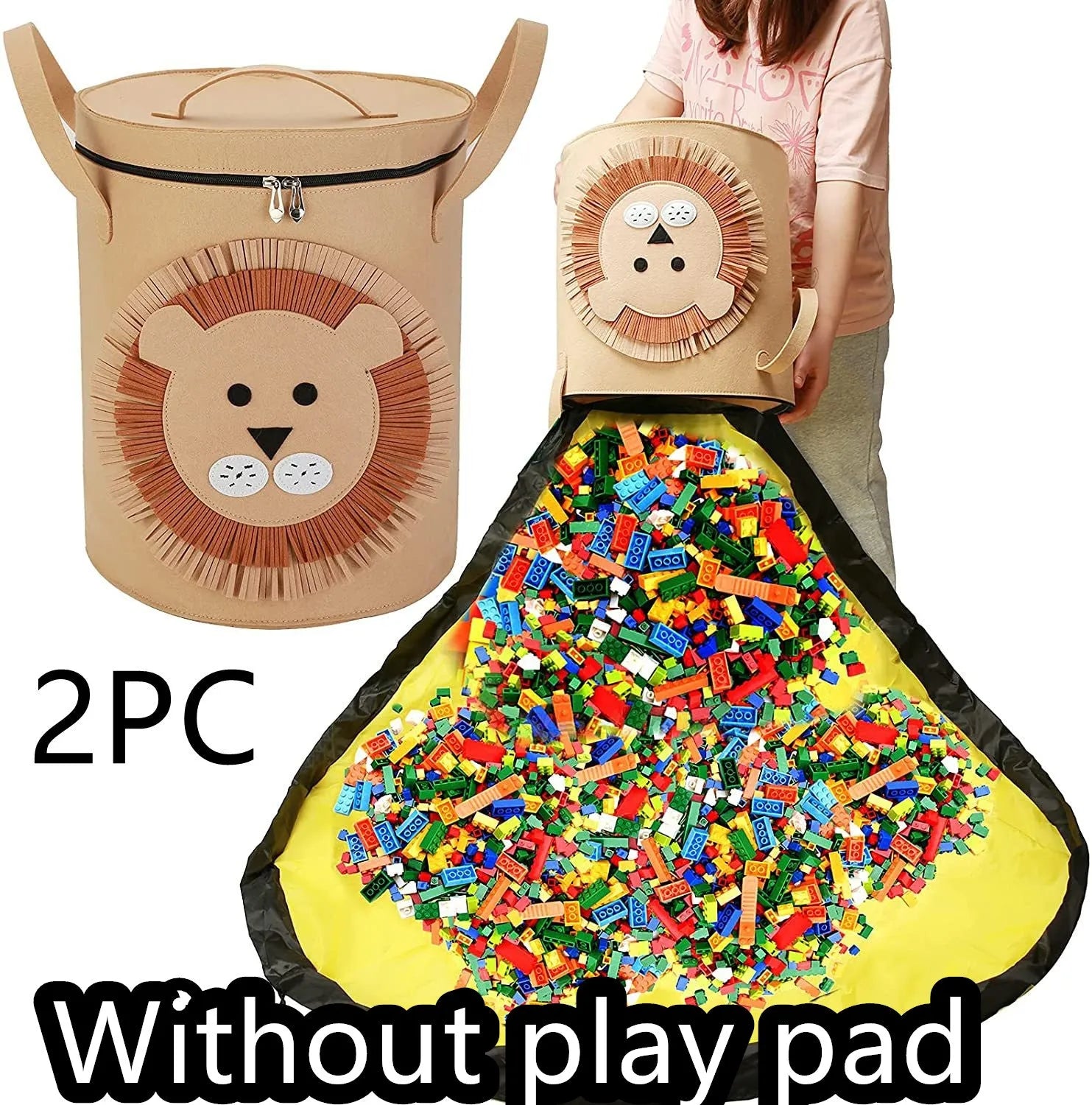 Green felt cube storage bag with pull rope, shown as a toy organiser and play mat.