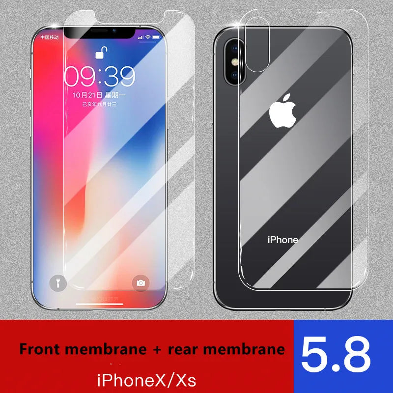 Tempered glass screen and rear camera protectors for Apple iPhone models on a white background.