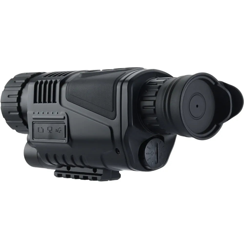 Compact black infrared digital night vision telescope with 40mm lens on a table with its storage bag and cables.