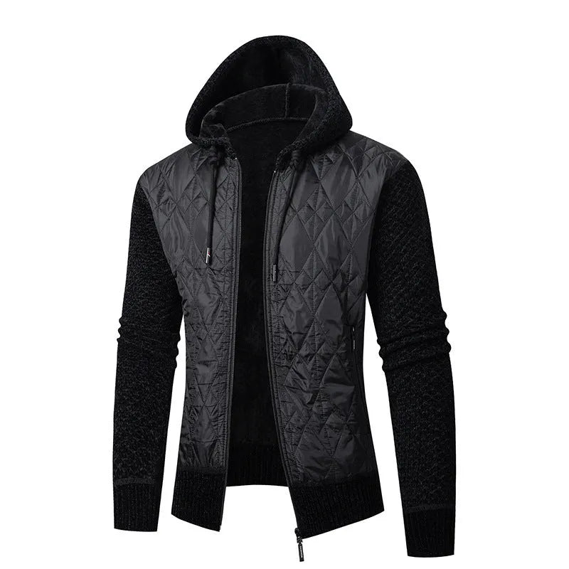 Men's grey corduroy hooded winter coat with cinched style on hanger