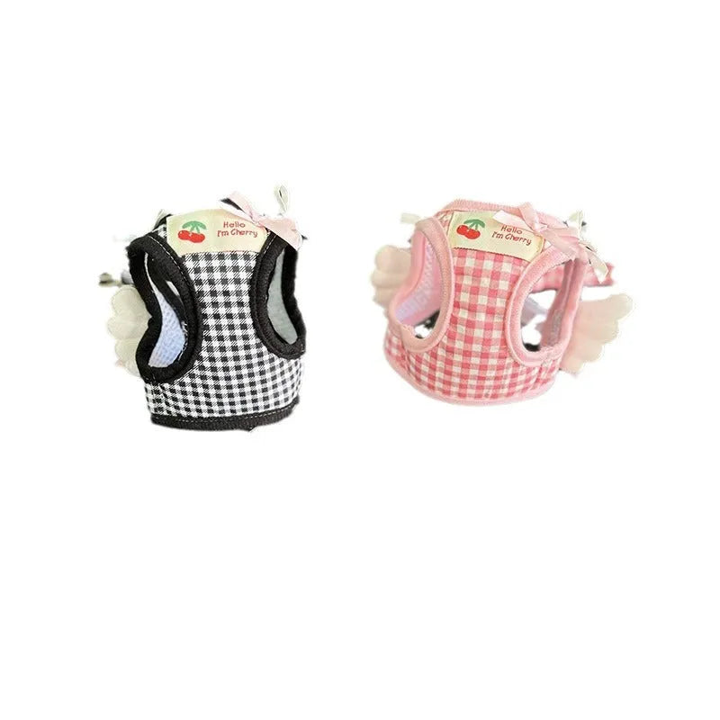 Small dog harness with chest and back connection in black or pink cotton material