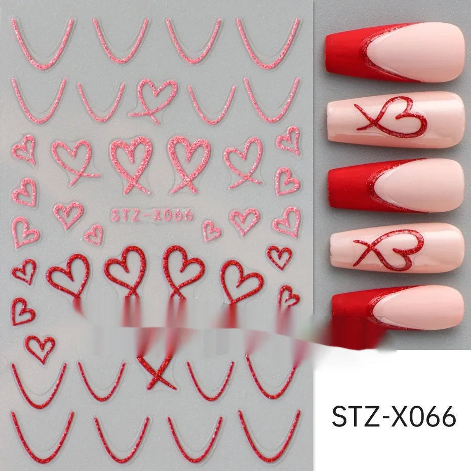 Sheet of black and silver love heart pattern nail art stickers with a plastic nail patch.