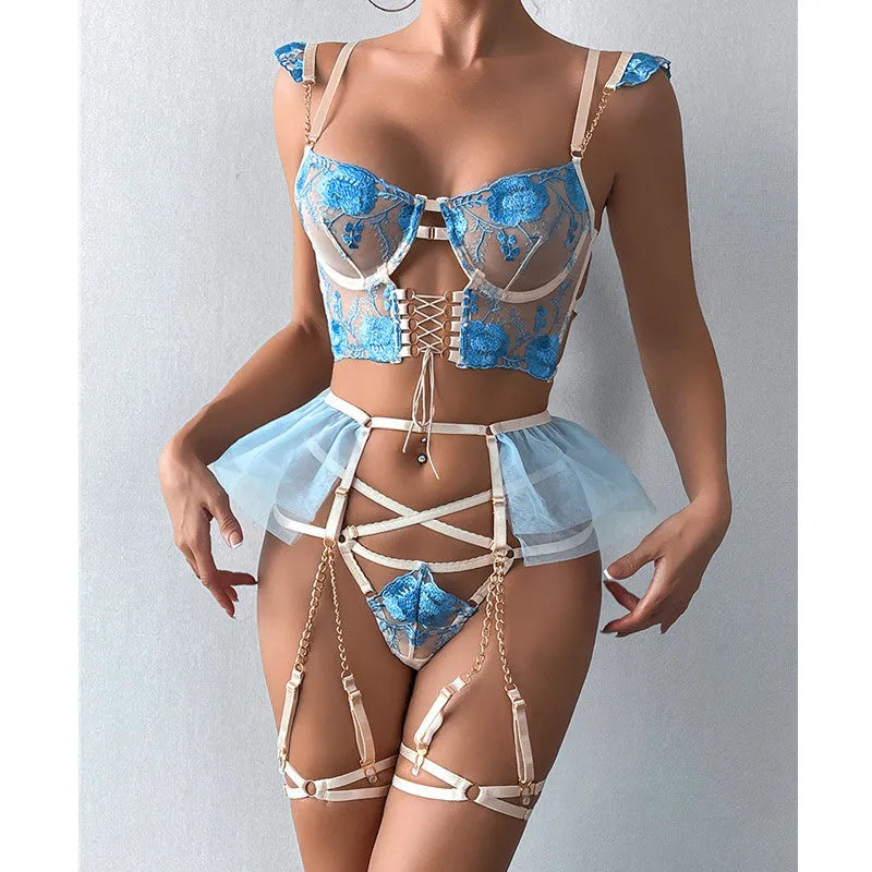 Light blue embroidered mesh lace push up bra set with matching pants