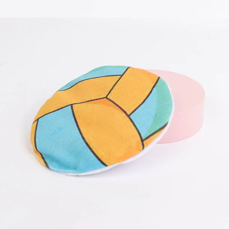 Flat, plush cat toy with a sports ball pattern, featuring catnip and a crinkle sound layer inside.