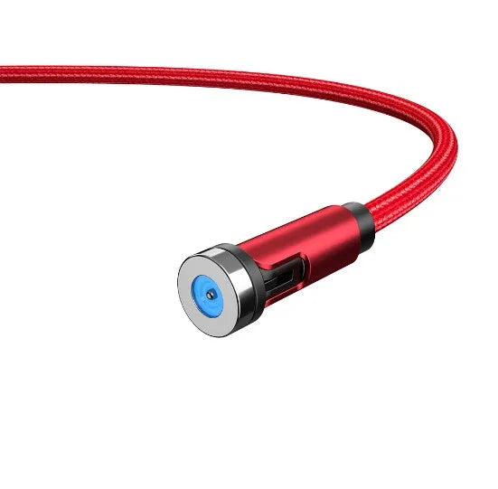 Essager black magnetic USB charging cable with rotating head and blue LED light on a white background.
