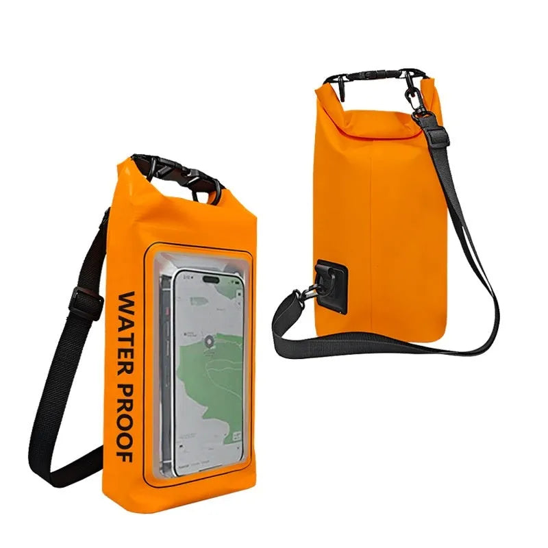 Army Green PVC waterproof crossbody bag with strap, shown in 2L and 5L sizes for swimming and beach use.