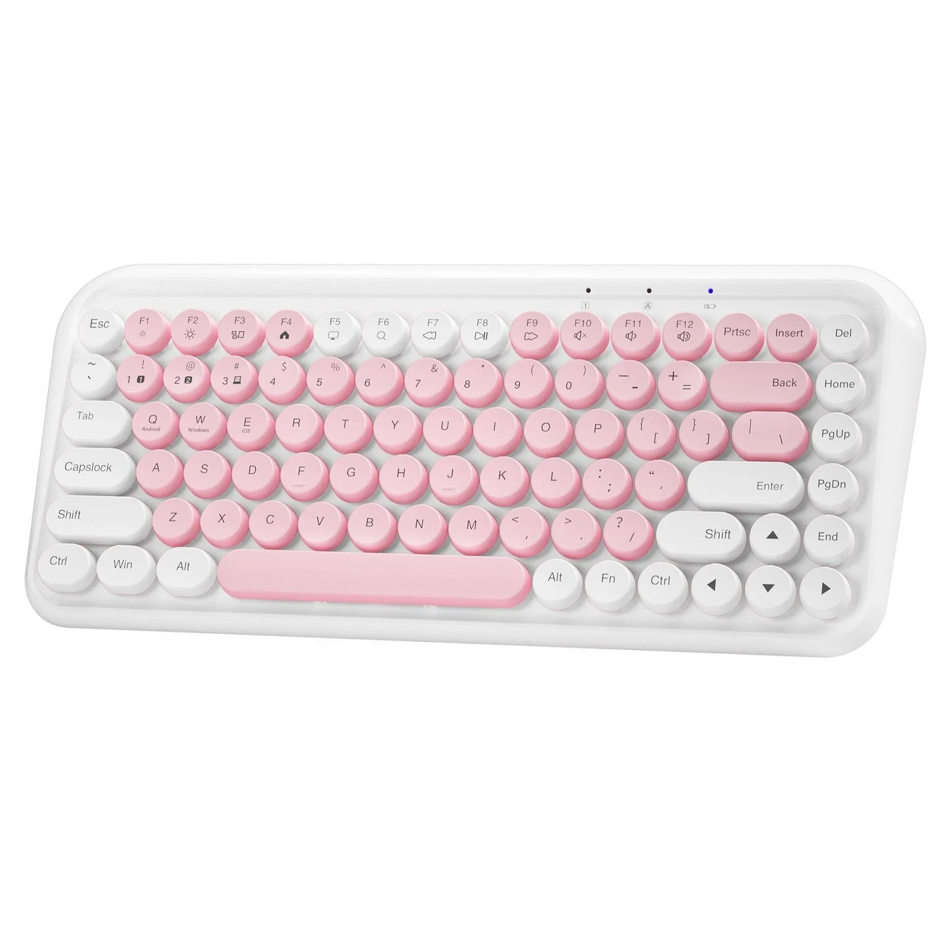 Pink dual-mode wireless Bluetooth mute portable keyboard with 84 keys and ABS construction on a desk