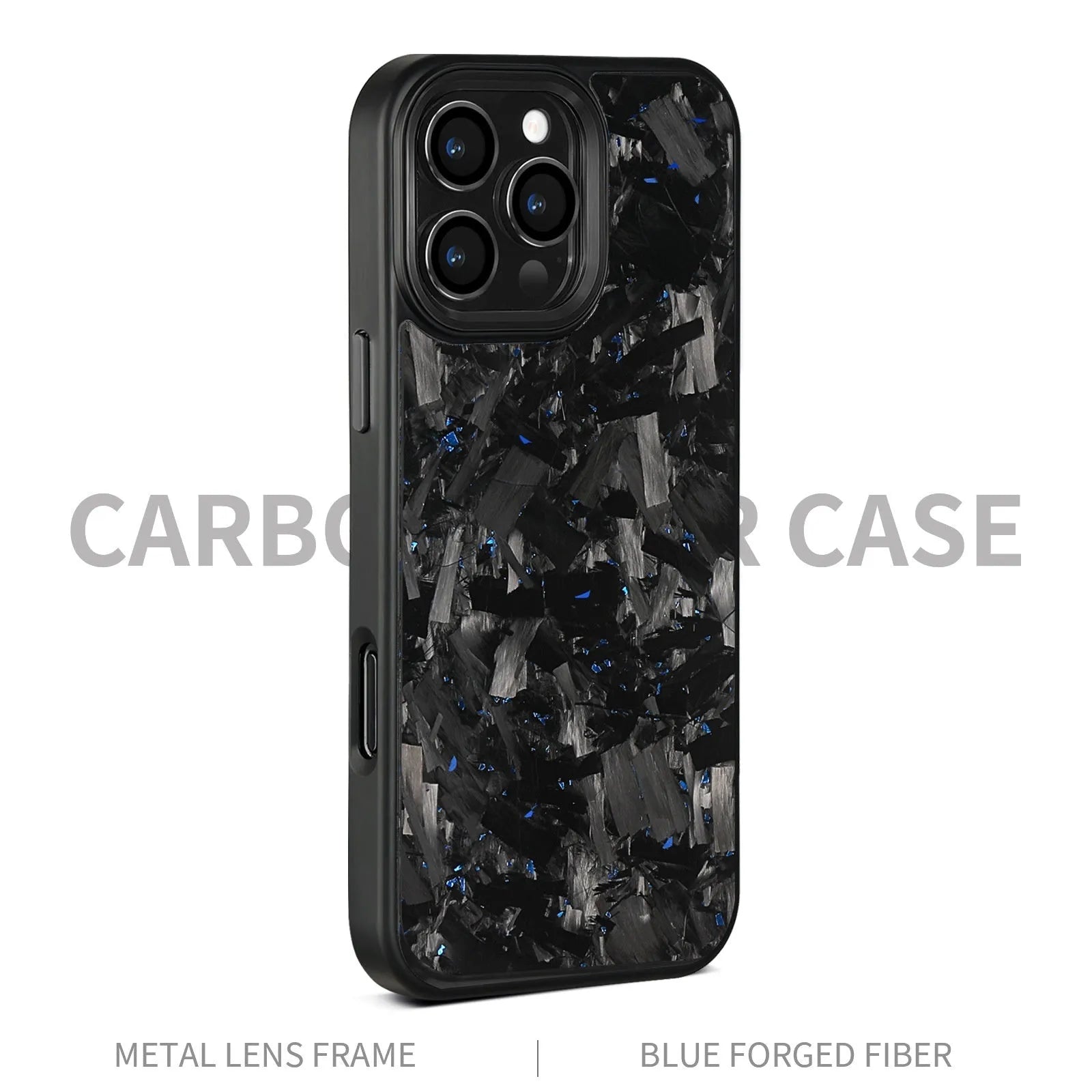 Black carbon fibre magnetic protective phone case with metal forged pattern frame for iPhone 17 series.