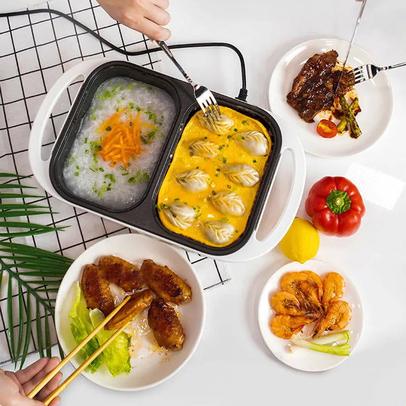 White or green multi-functional electric cauldron and frying oven appliance with mechanical controls
