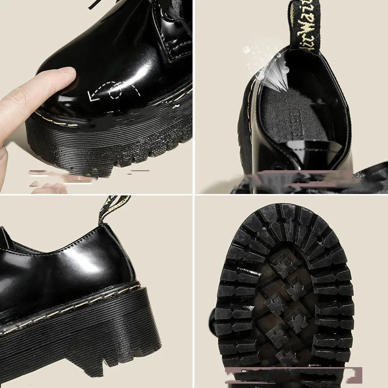 Women's black thick soled lace-up shoes with ribbon detail on a white background