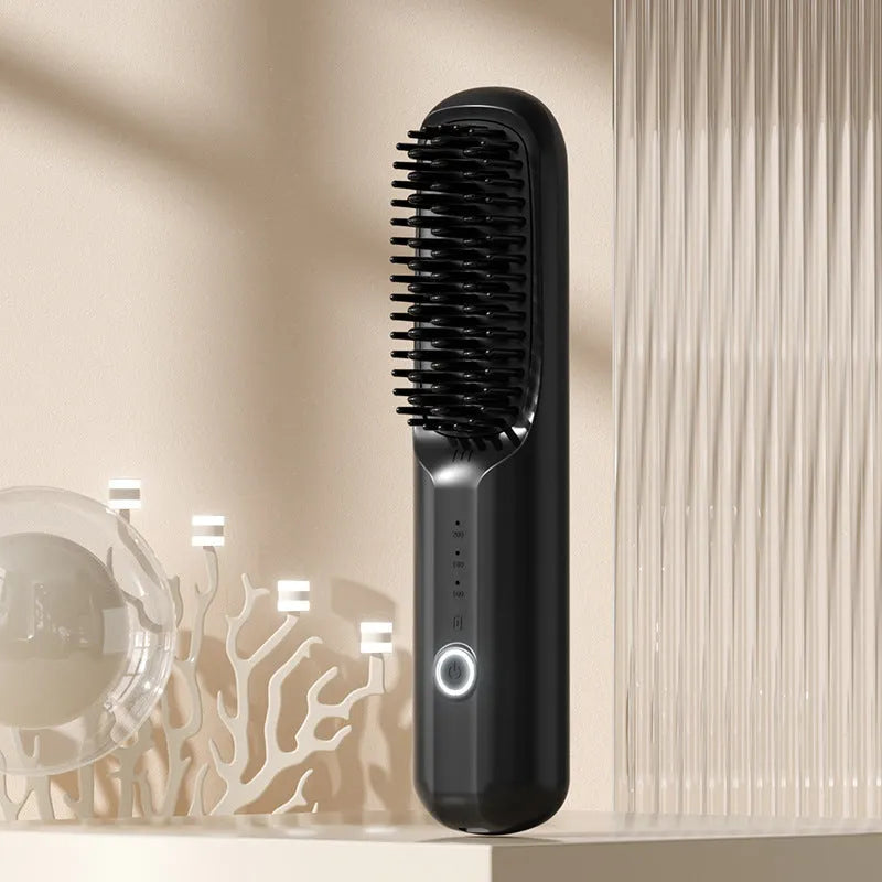 Wireless anion straight comb in beige, black, pink, or purple colours with USB-C charging port.