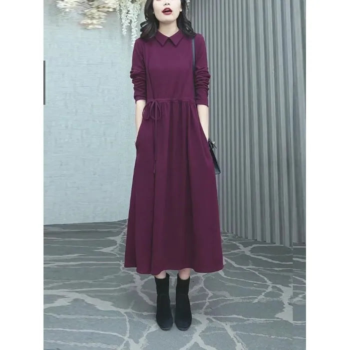 Purplish red plus size women's dress with extra long sleeves and urban style for autumn winter wear