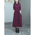 Purplish red plus size women's dress with extra long sleeves and urban style for autumn winter wear