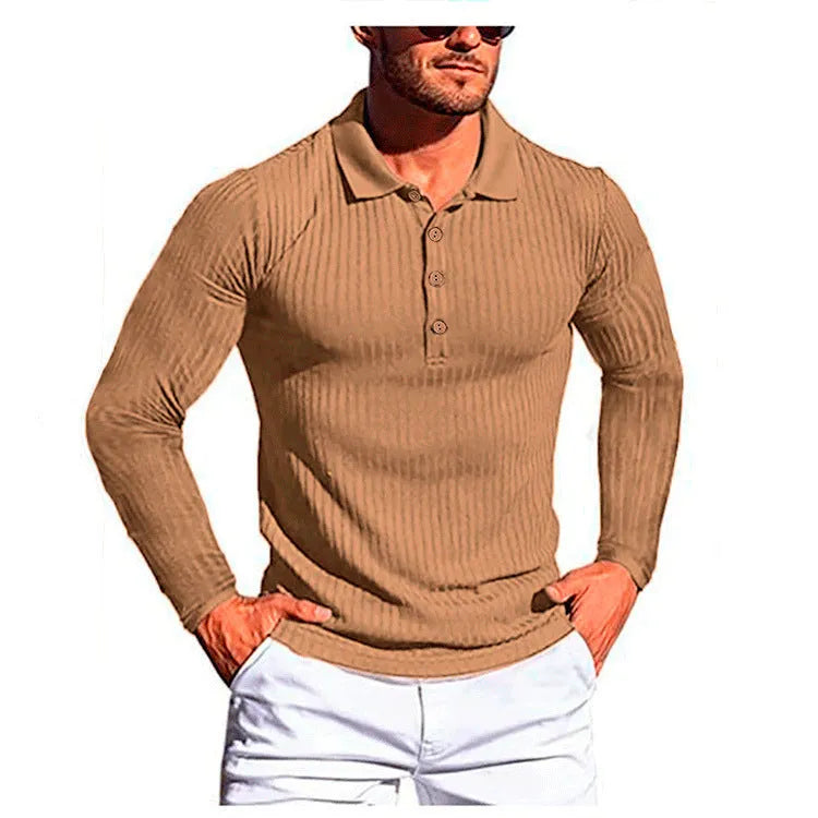 Man wearing a loose-fitting, striped, short-sleeve polyester shirt in a neutral colour.