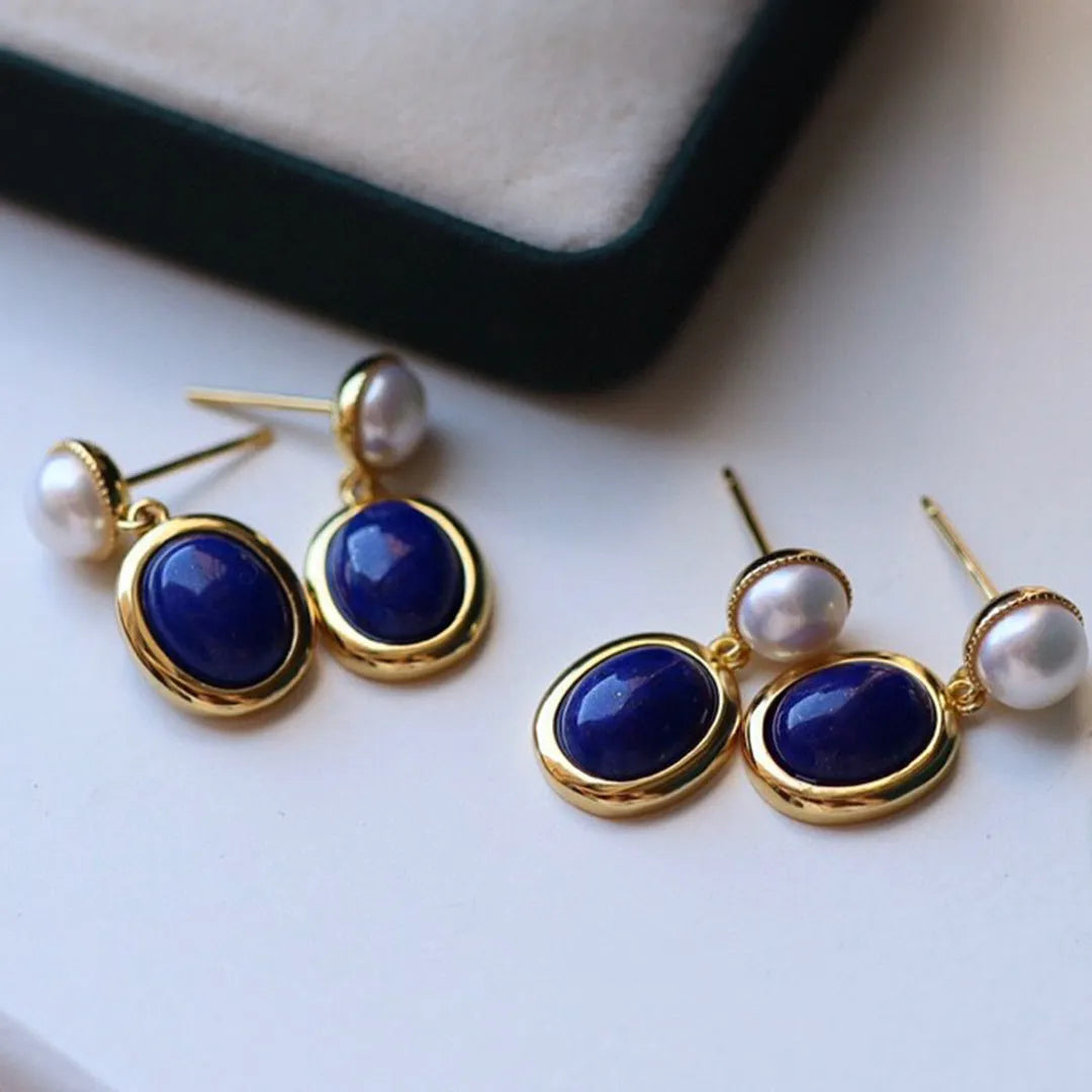Lapis lazuli pearl drop earrings in sterling silver with auspicious pattern detailing