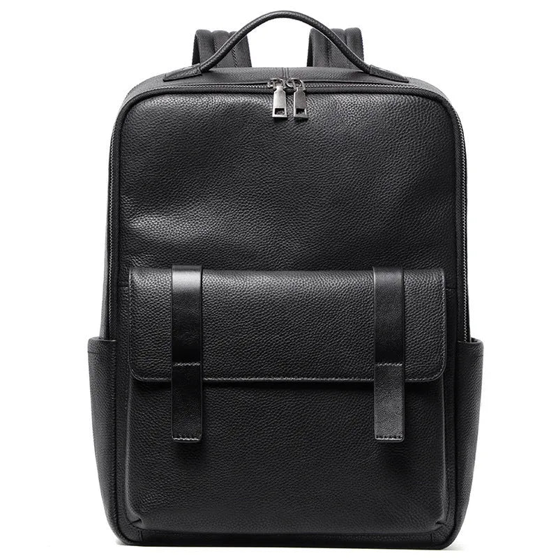 Black genuine leather men's business laptop backpack with 36-55L capacity showing weaving design details