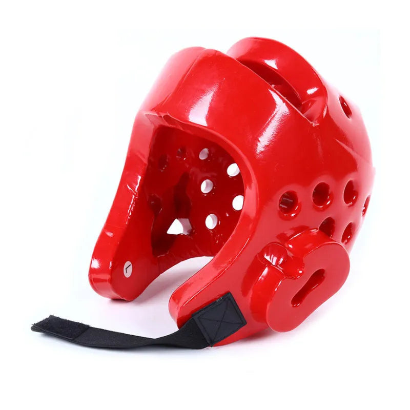 Red martial arts protective gear set showing leg guard, helmet, and boxing gloves for karate taekwondo training