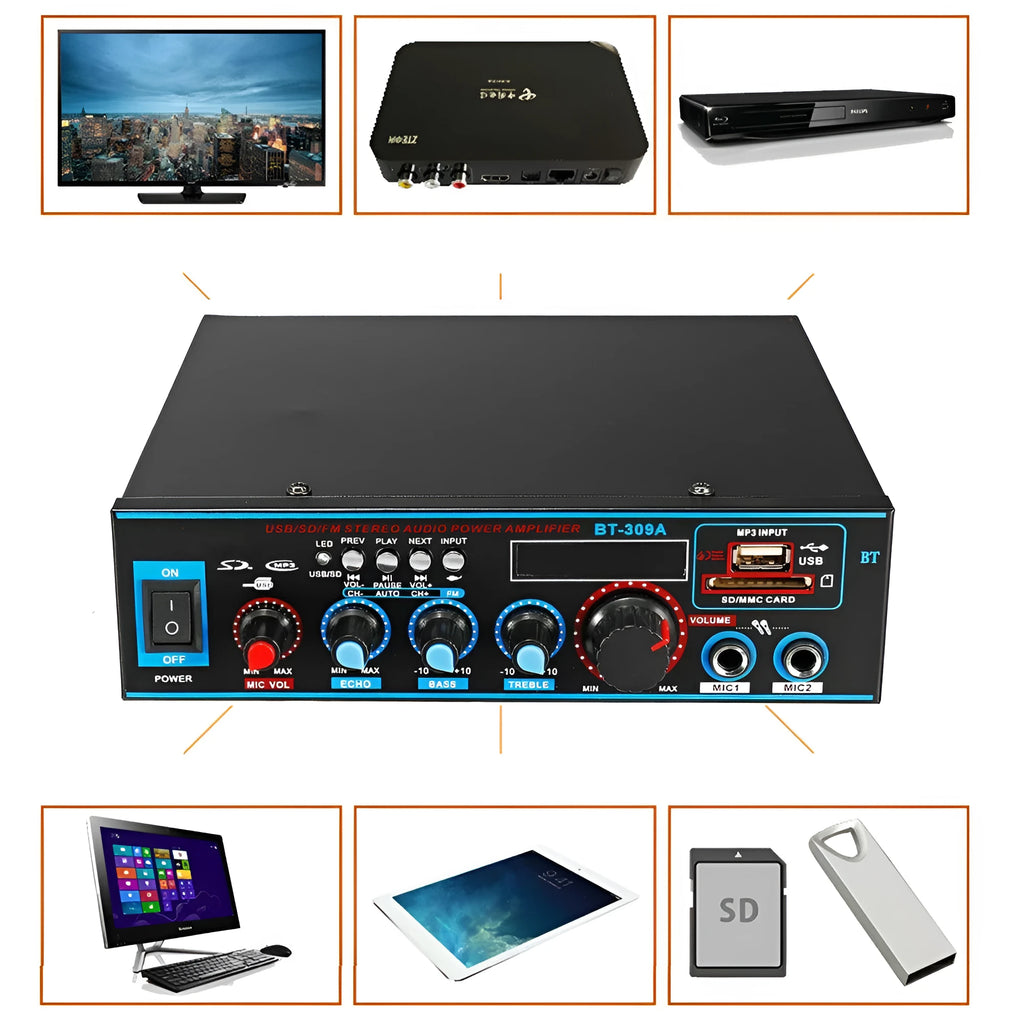 Black BT-309A-A Bluetooth power amplifier with recording function and remote control.