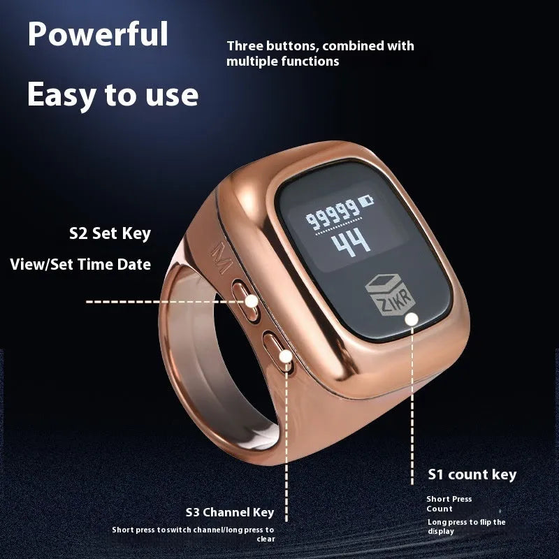 Al-Fatiha Zikr electronic counter with digital display on a wrist strap, shown in multiple colour options.
