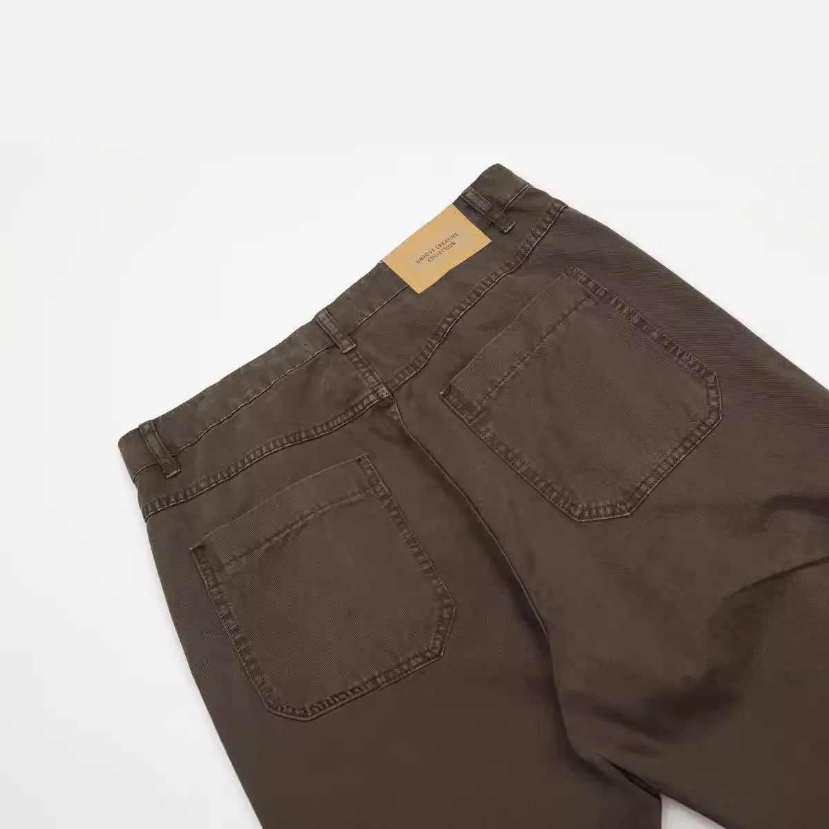 Men's brown cotton loose straight wide leg trousers with high waist and zipper fly
