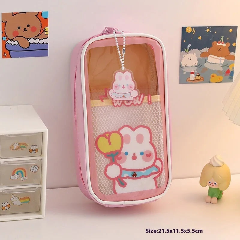 Transparent PVC pencil case with South Korea style cartoon design and large capacity for stationery