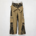 Women's dark khaki leopard print high waist straight leg jeans with tooling style collage stitching