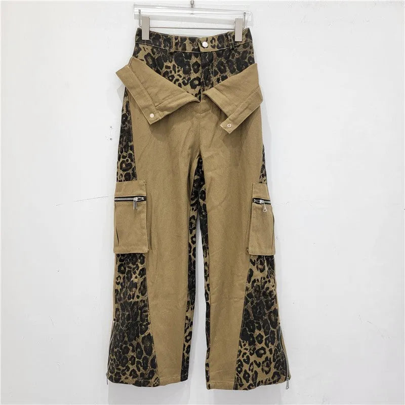 Women's dark khaki leopard print high waist straight leg jeans with tooling style collage stitching