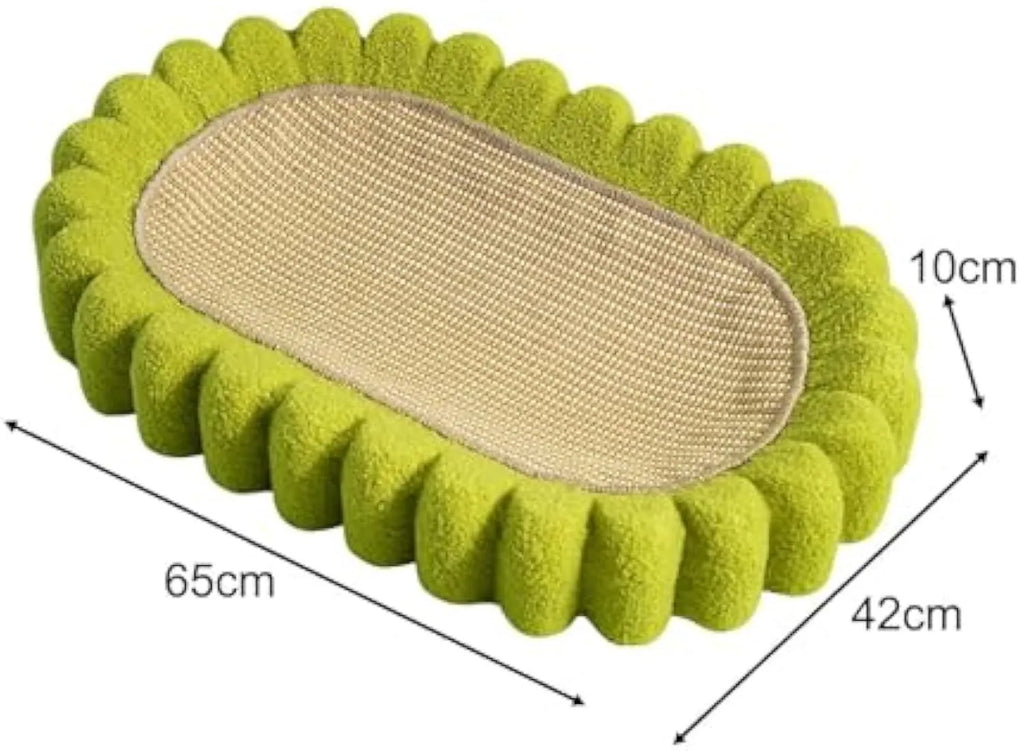 Green oval sisal cat scratching pad and bed measuring 650mm long
