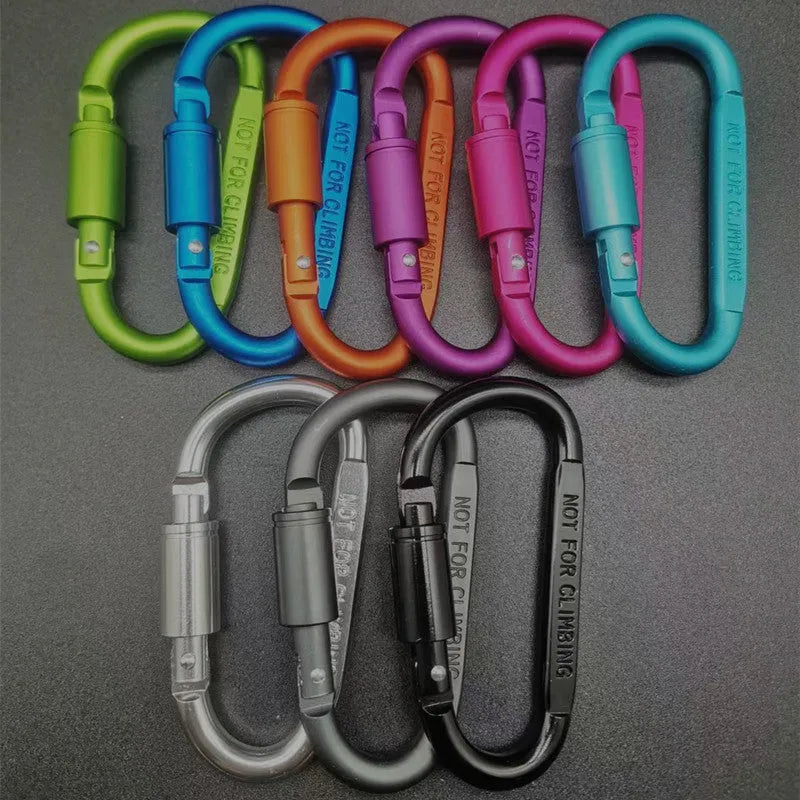 D-type aluminium carabiner with locking mechanism in multiple colour options