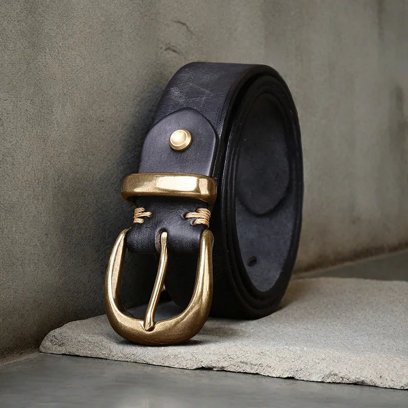 Men's casual cowhide leather belt with copper pin buckle in black, brown, or khaki