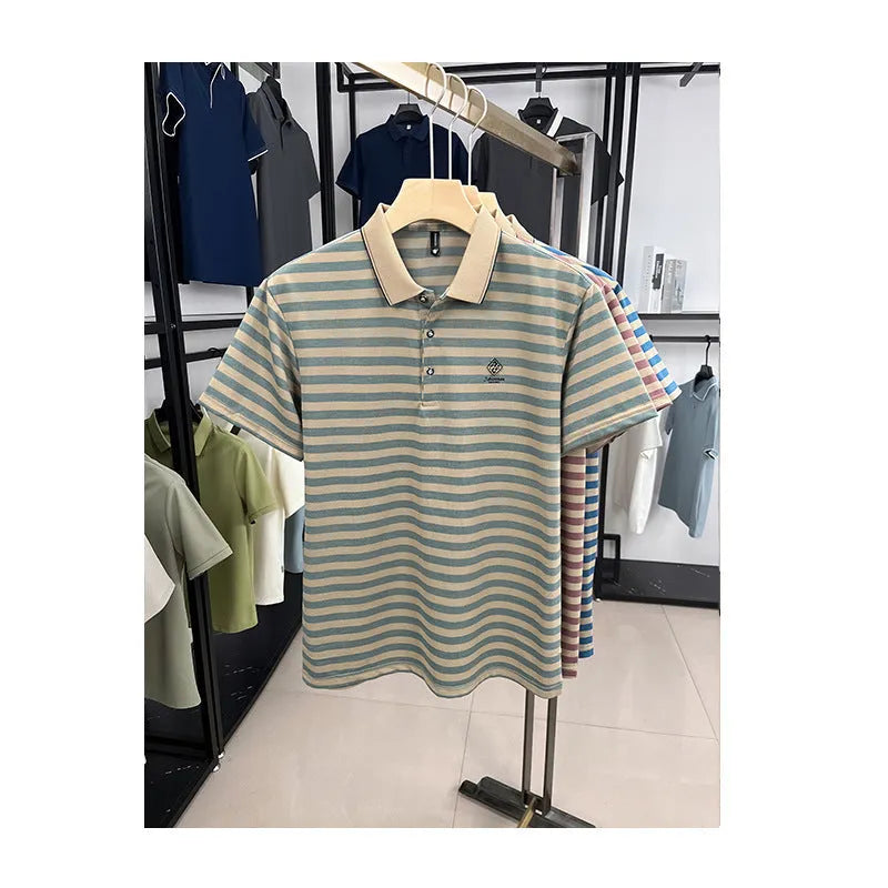 Men's striped short sleeve shirt with mosaic pattern in polyester fabric