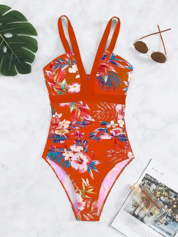 Women's floral printed backless one-piece swimsuit in spandex fabric
