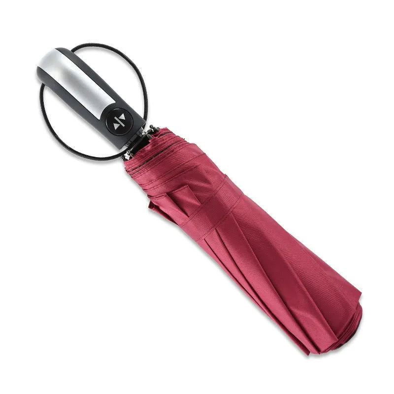 Automatic triple folding business umbrella with steel ribs and rubber handle in black colour