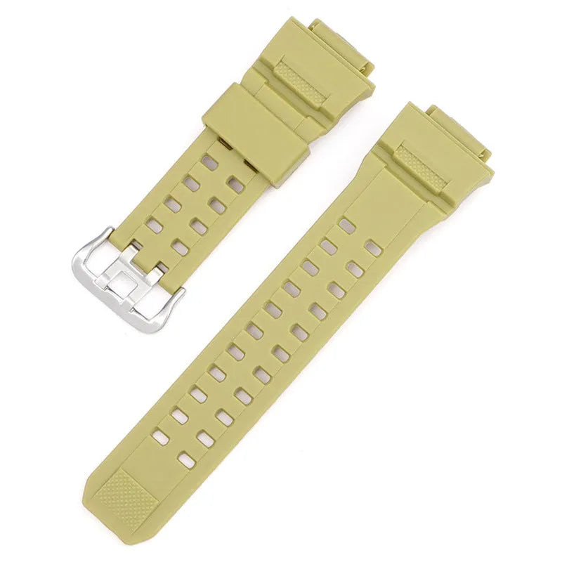 Camouflage pattern TPU watch strap with silver buckle showing 19cm length
