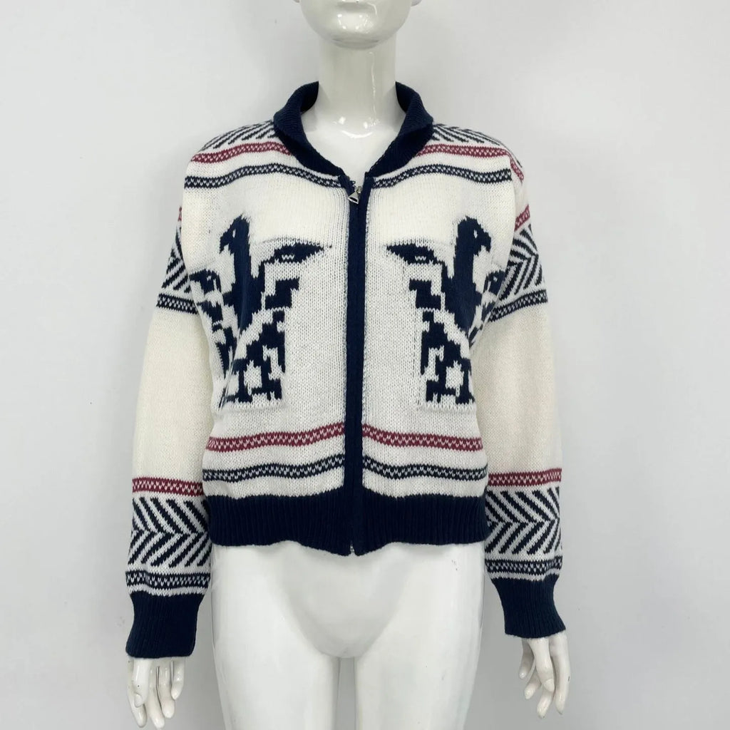 White women's zip cardigan with jacquard contrast stripe pattern and lapel collar