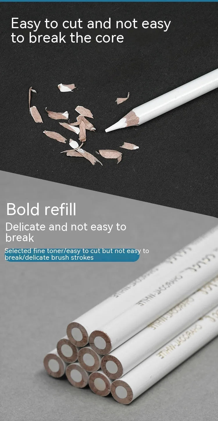White charcoal pencil sketching set with highlighting pen and powder lead brush tools in wooden casing
